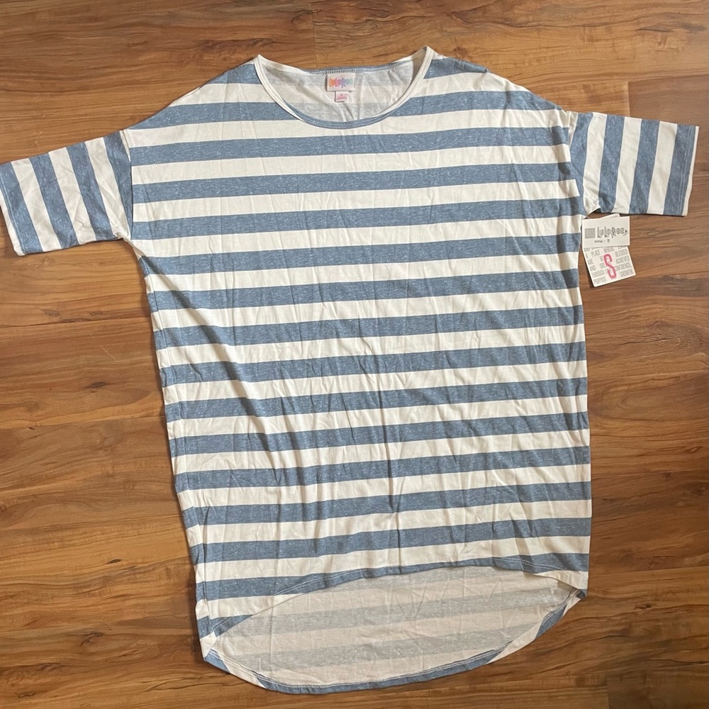 LuLaRoe Irma Tunic S – Blue & White Striped Top | Nautical Oversized Tee | NWT